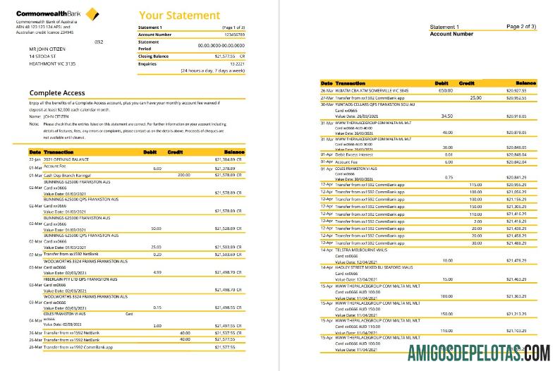 Modelo de extrato bancário da Commonwealth da Austrália para download em formato Excel e PDF (3 páginas), versão 2